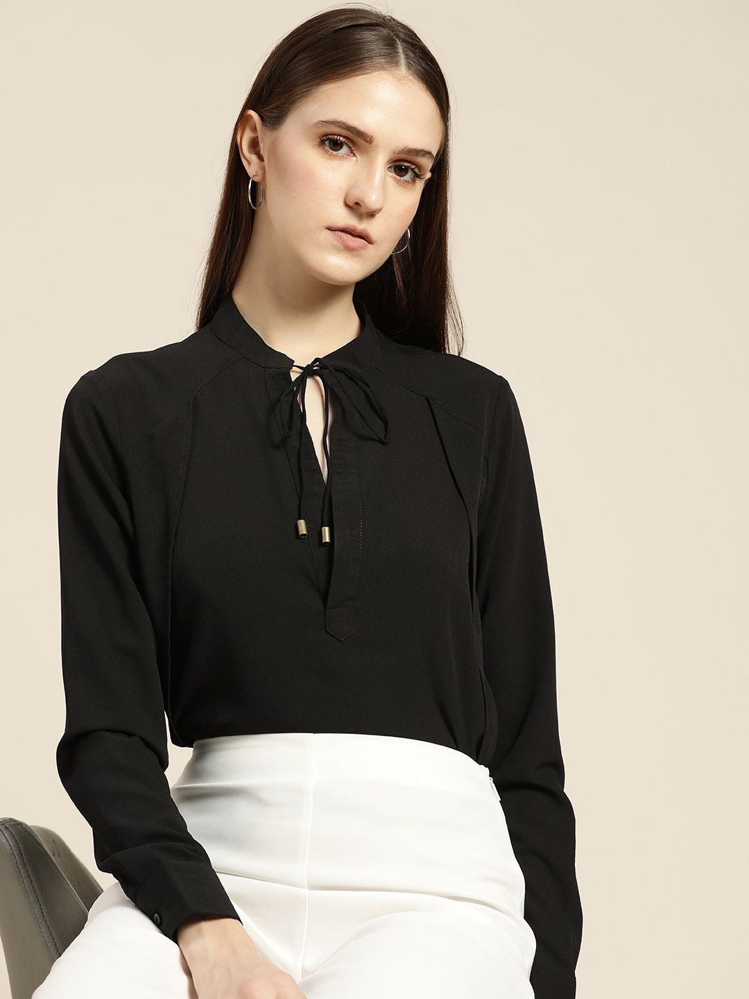 her by invictus Black Solid Tie-Up Neck Top Price in India