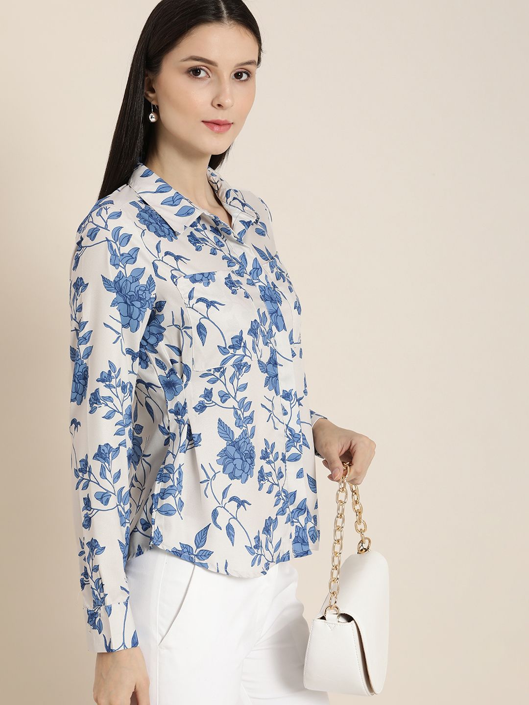 her by invictus Women White & Blue Floral Printed Casual Shirt Price in India