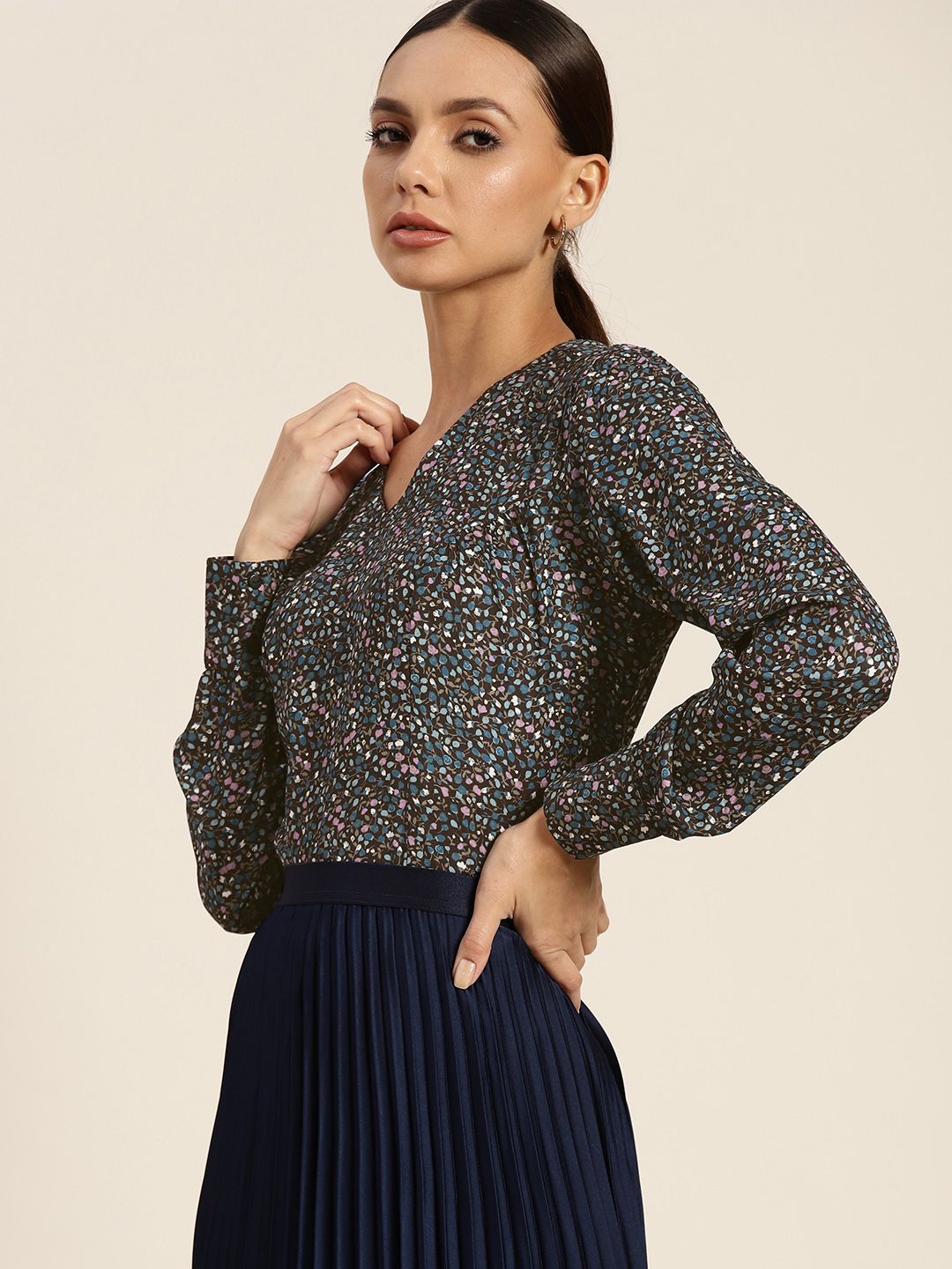 her by invictus Black & Blue Floral Print Shirt Style Top Price in India
