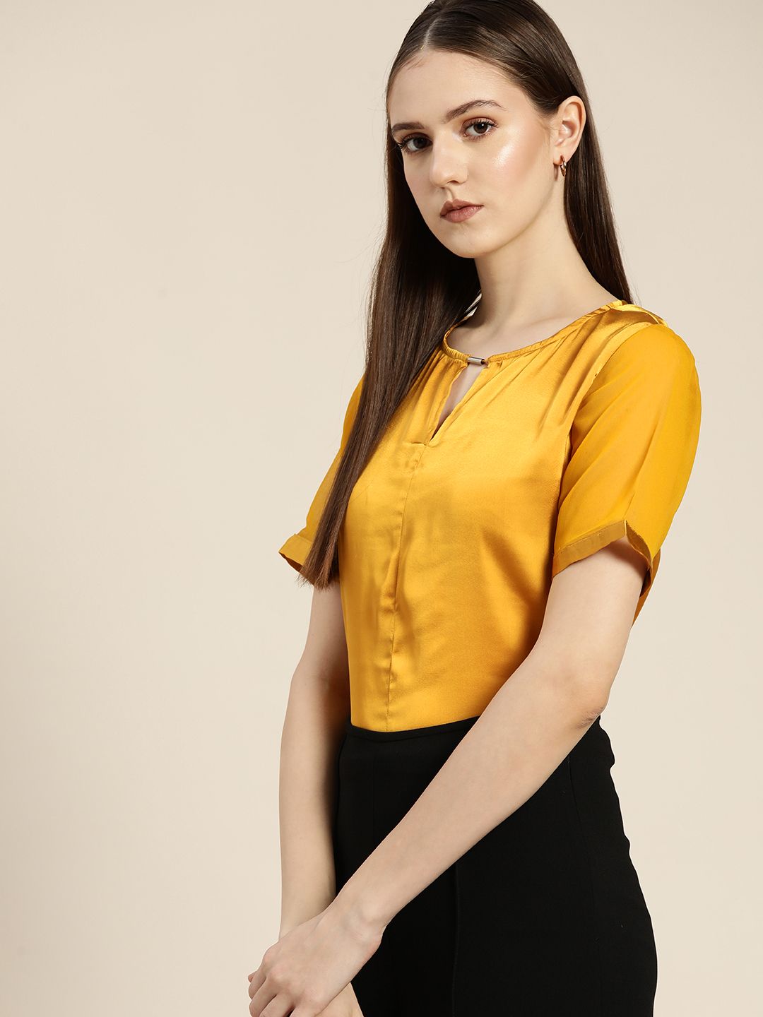 her by invictus Mustard Yellow Solid Satin Keyhole Neck Top Price in India