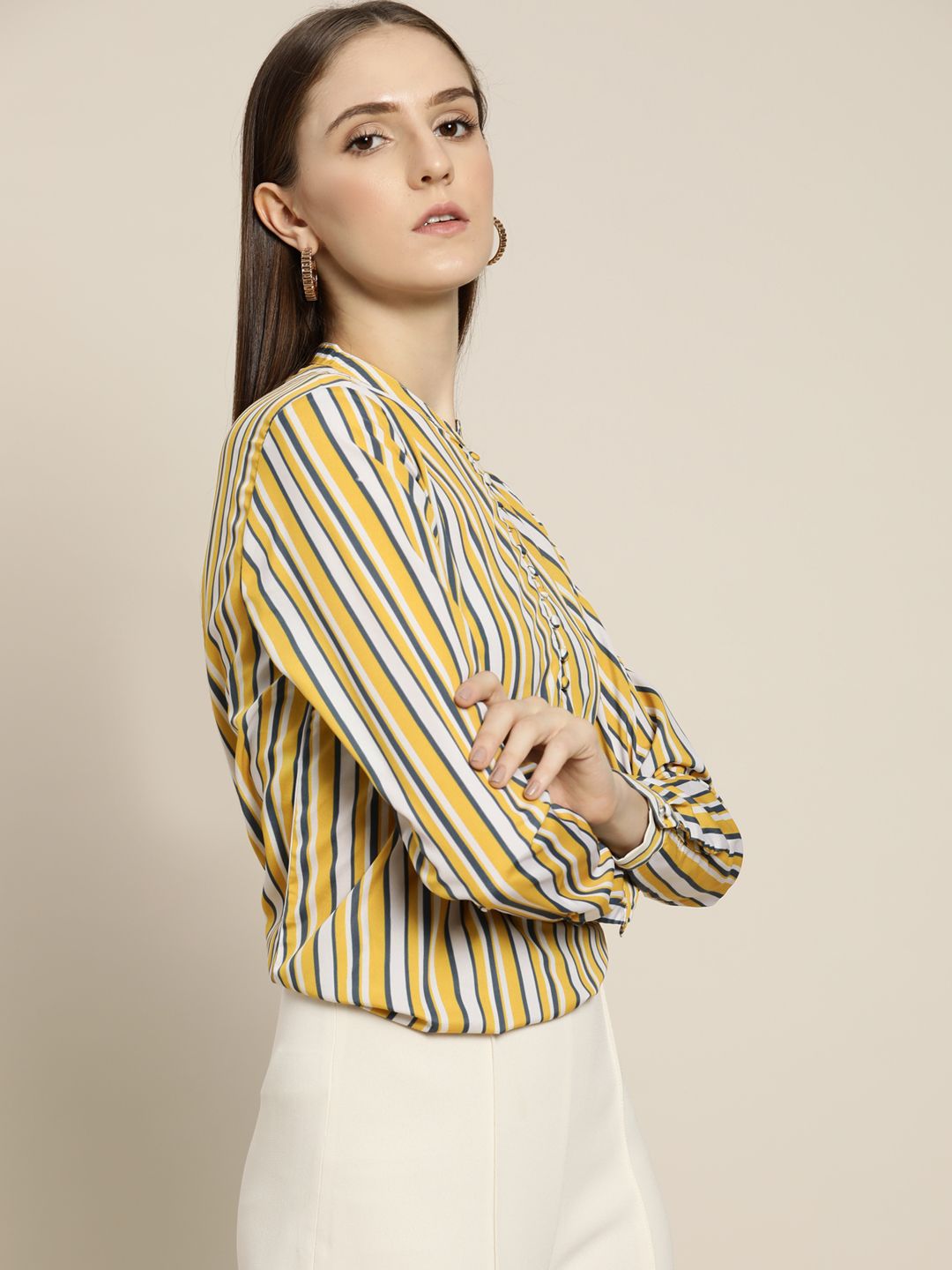 her by invictus Mustard Yellow & White Striped Mandarin Collar Shirt Style Top Price in India