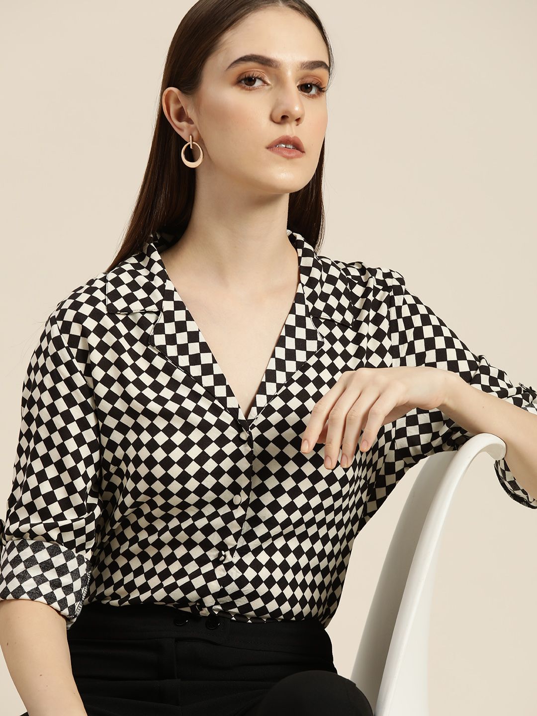 her by invictus Women Black & Off White Checked Casual Shirt Price in India