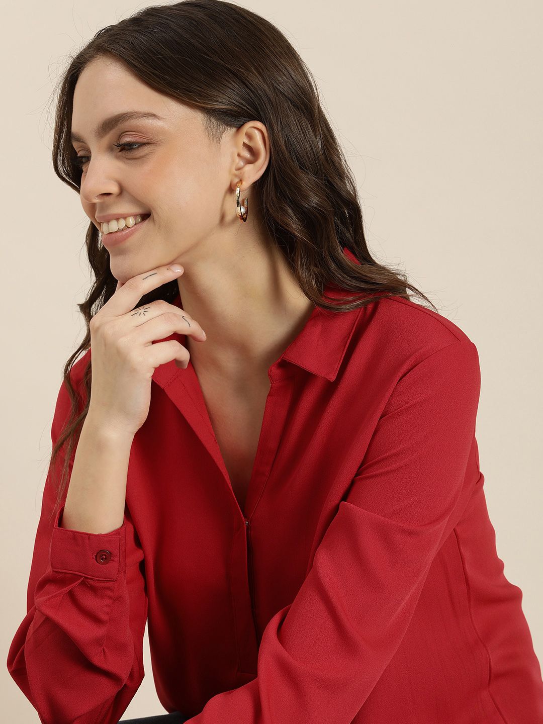 her by invictus Women Red Solid Shirt Style Top Price in India