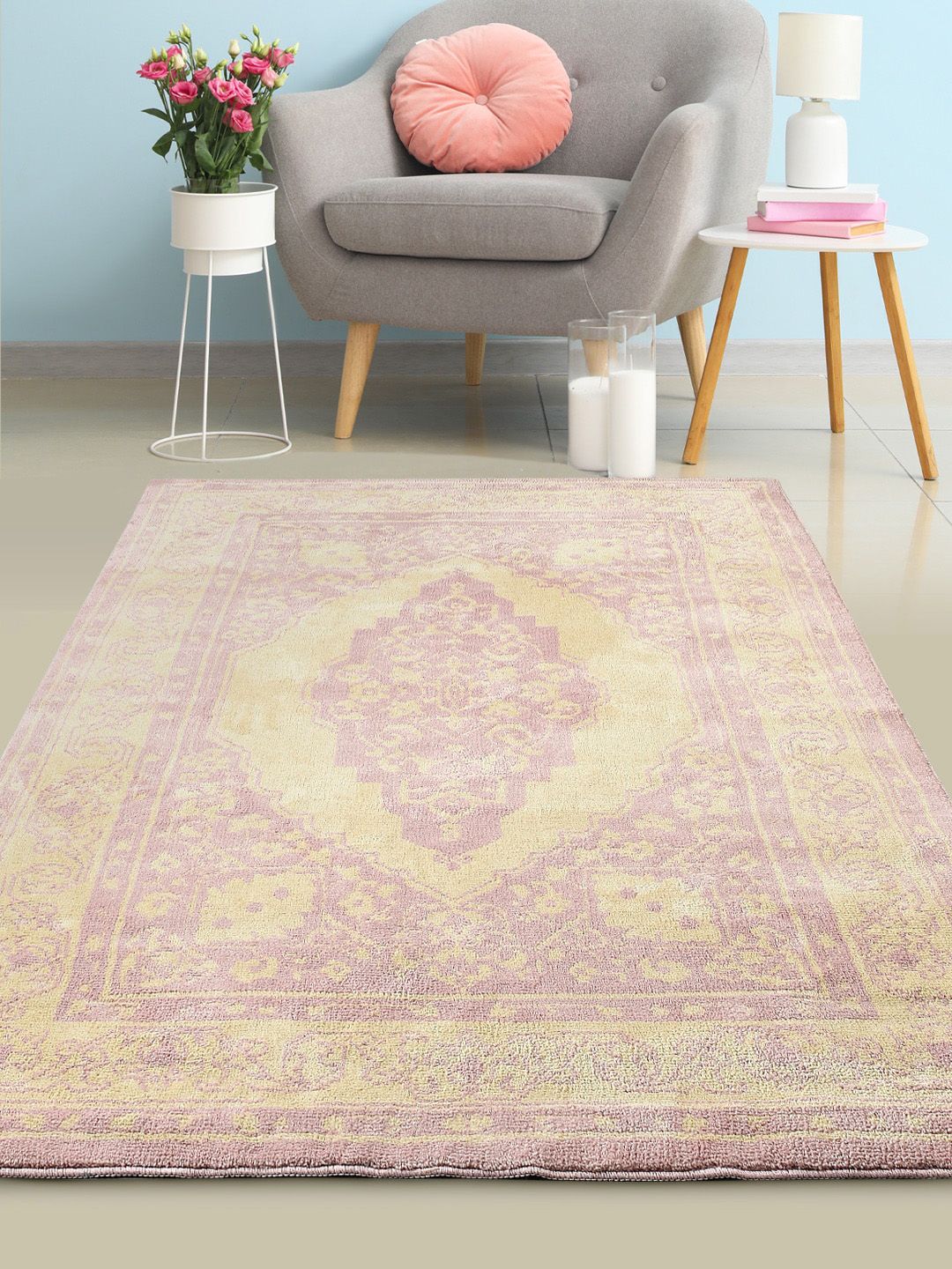 Saral Home Pink & Yellow Printed Cotton Rectangular Carpet Price in India