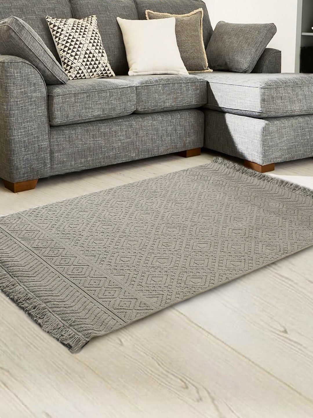 Saral Home Grey Geometric Cotton Rectangular Carpet Price in India