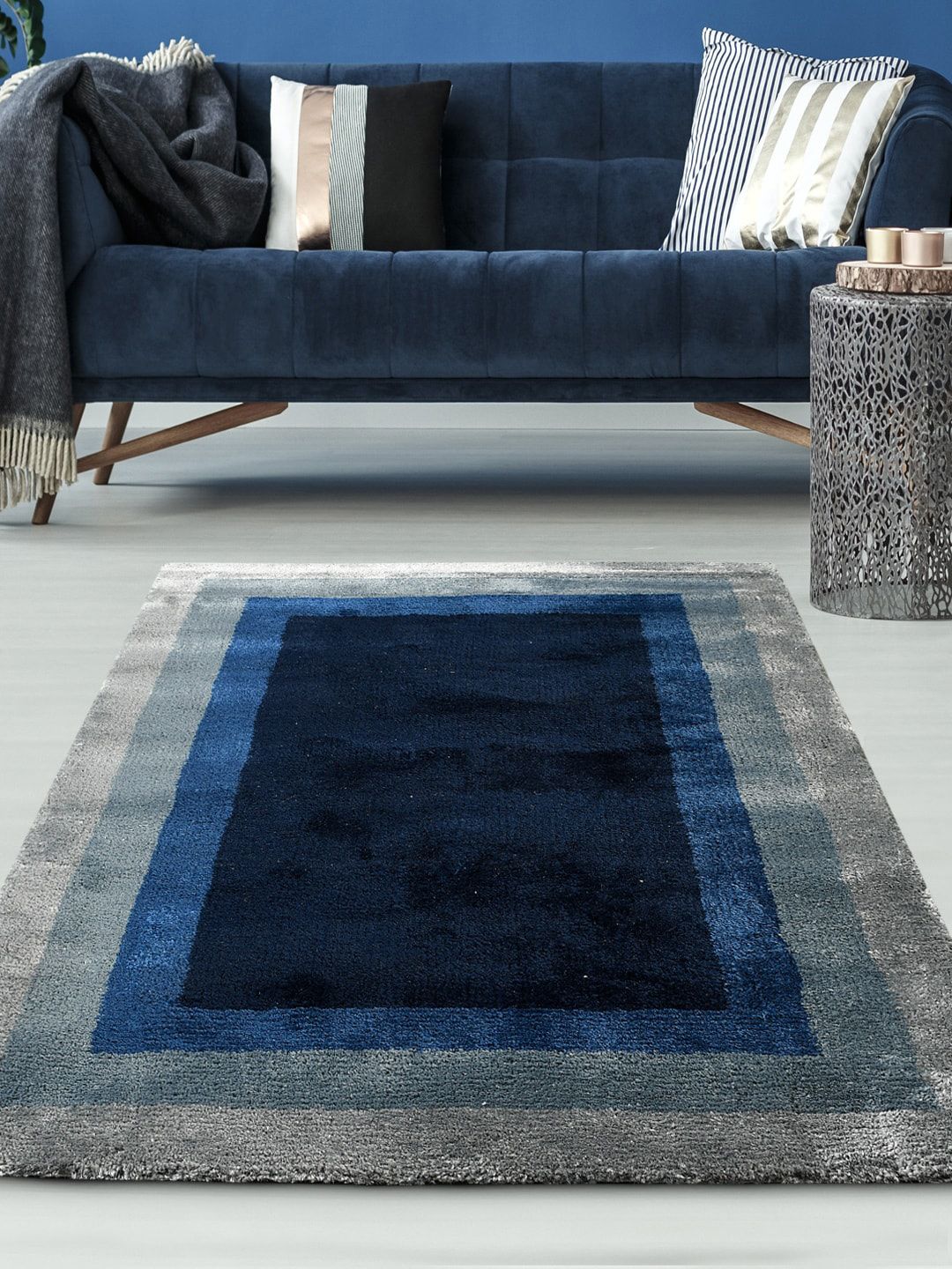 Saral Home Grey & Navy Blue Printed Cotton Rectangular Carpet Price in India