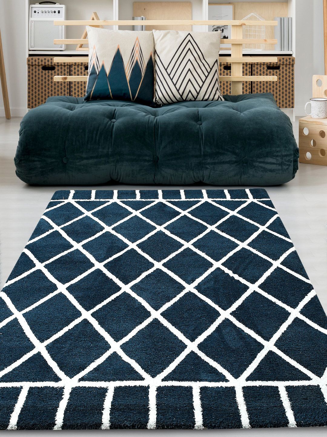 Saral Home Teal Blue & White Printed Cotton Rectangular Carpet Price in India