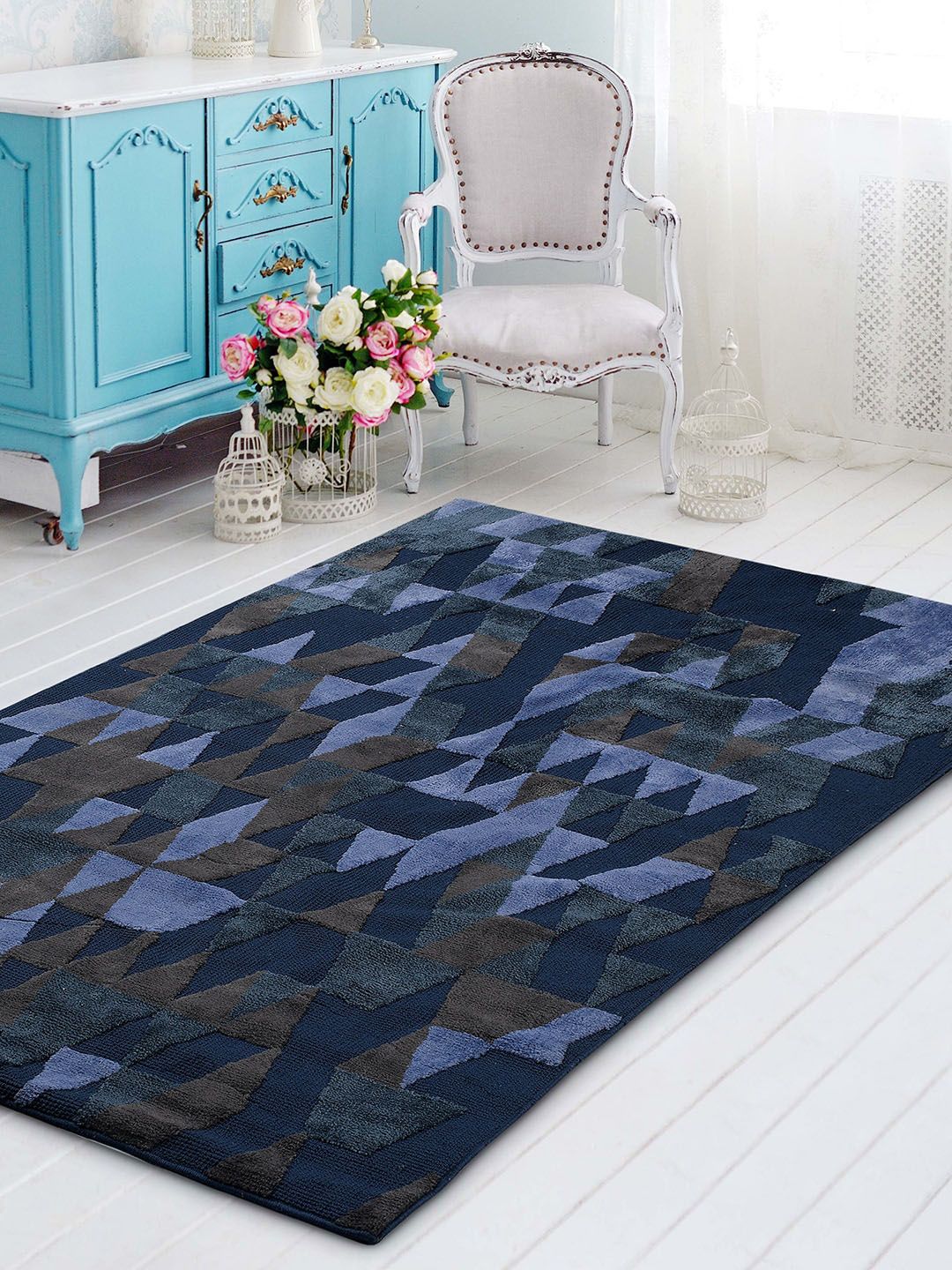Saral Home Blue & Brown Textured Cotton Rectangular Carpet Price in India