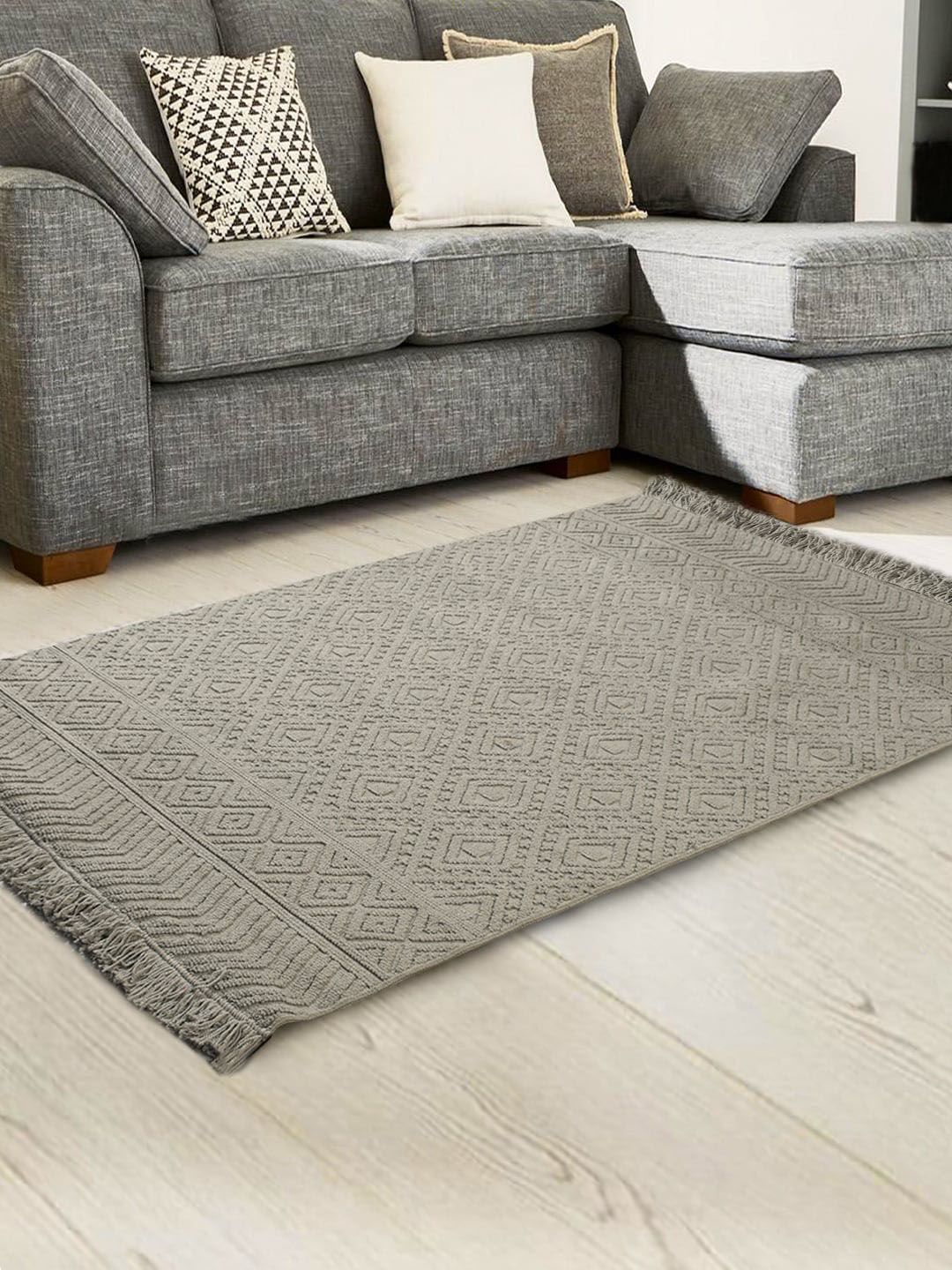 Saral Home Grey Self-Design Cotton Rectangular Carpet Price in India