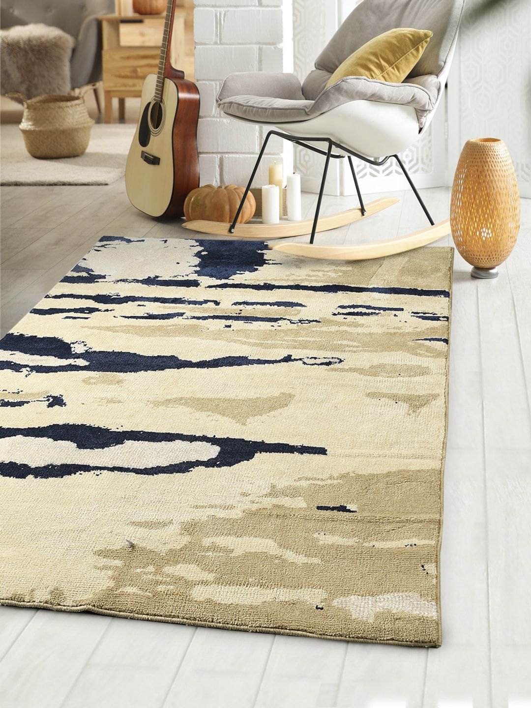 Saral Home Beige & Navy Blue Textured Cotton Rectangular Carpet Price in India