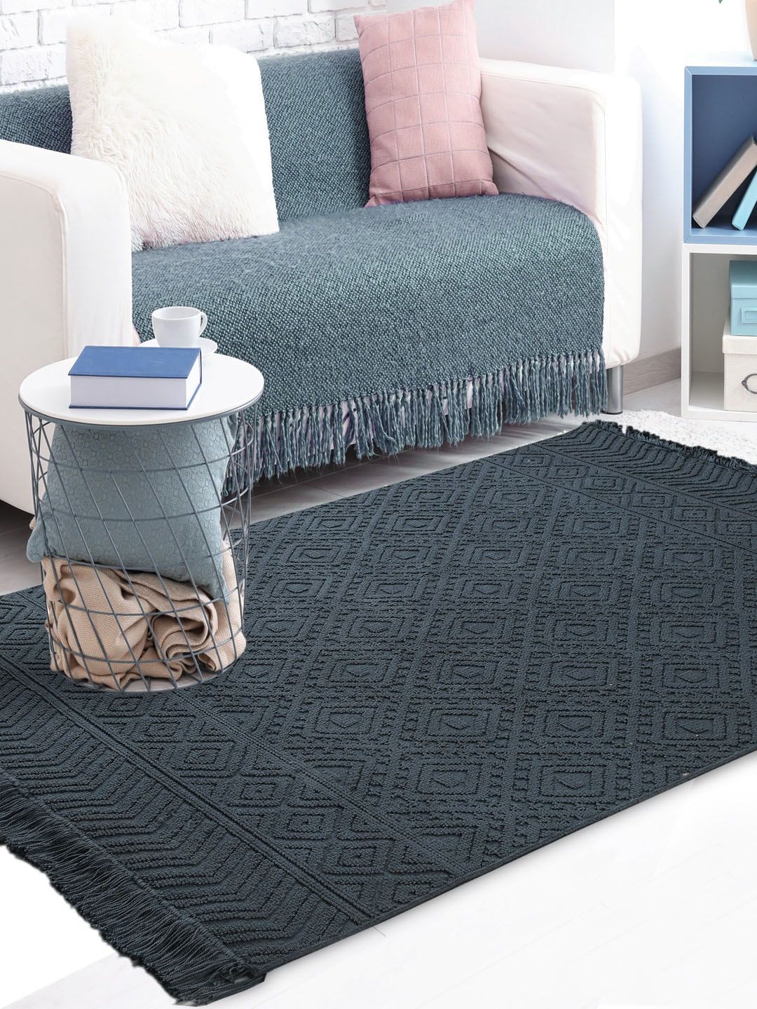 Saral Home Blue Self-Design Cotton Rectangular Carpet Price in India