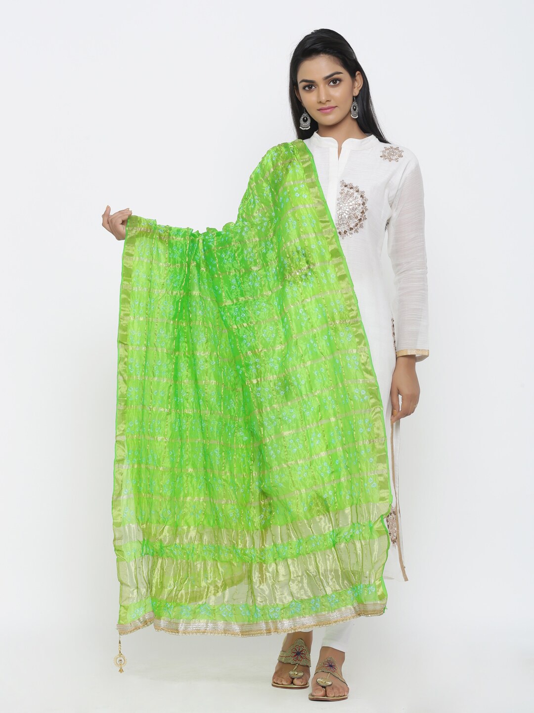 SOUNDARYA Lime Green & Gold-Toned Printed Art Silk Bandhani Dupatta With Gotta Patti Price in India