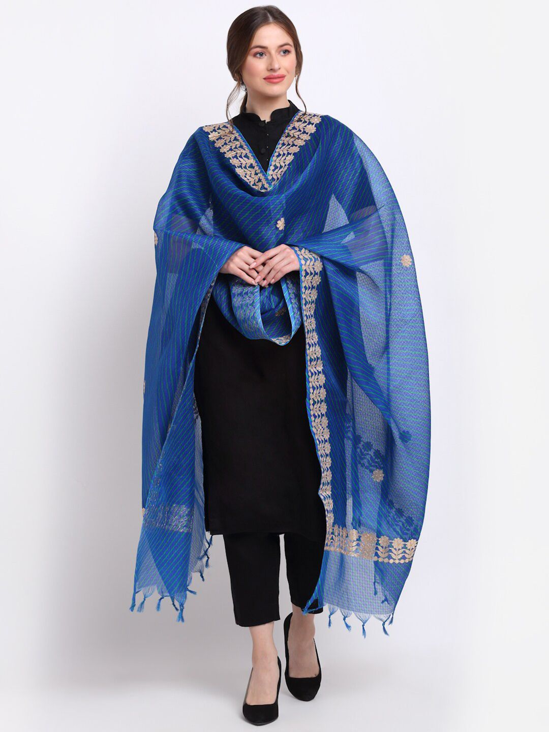 SOUNDARYA Blue & Gold-Toned Striped Pure Cotton Leheriya Dupatta with Gotta Patti Price in India