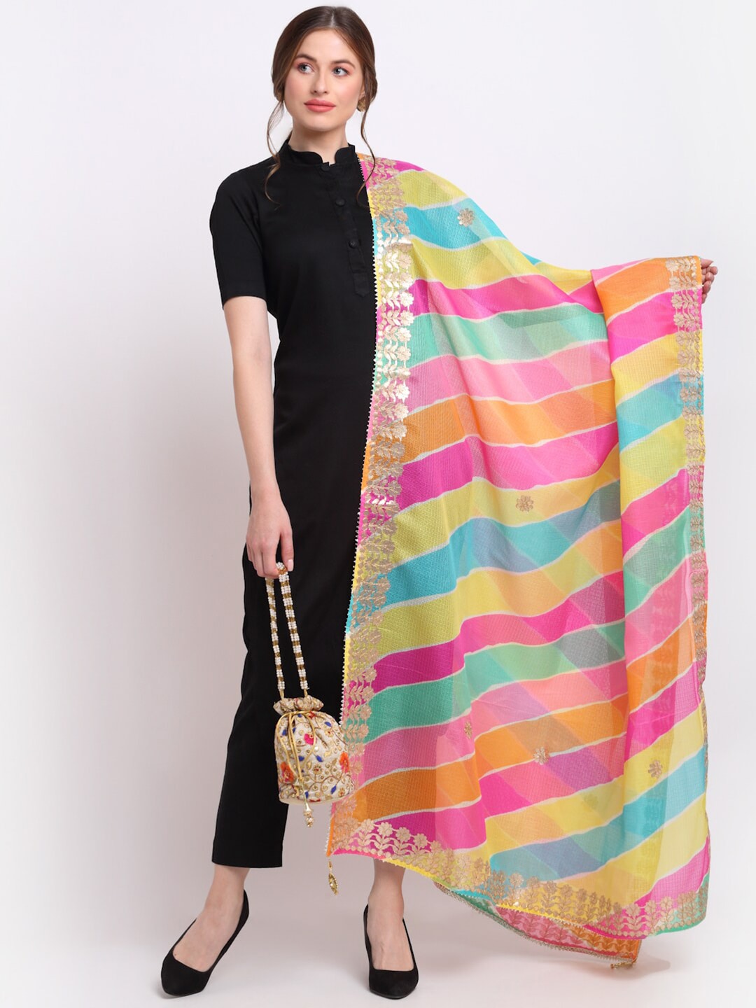 SOUNDARYA Multicoloured Striped Pure Cotton Leheriya Dupatta with Gotta Patti Price in India