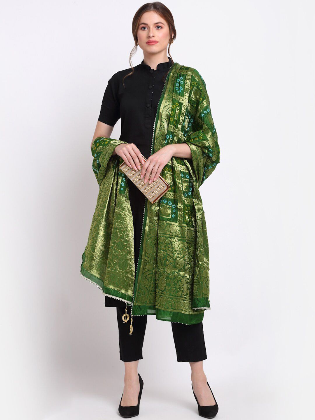 SOUNDARYA Green & Gold-Coloured Woven Design Bandhani Dupatta with Zari Price in India