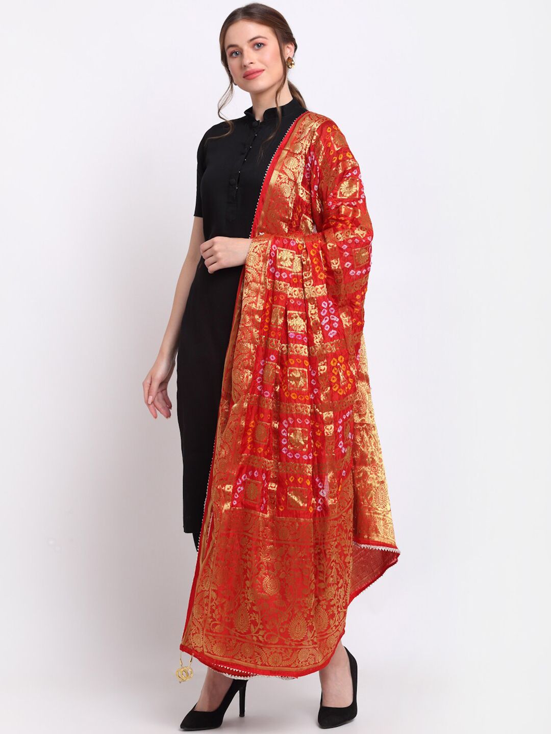 SOUNDARYA Red & Gold-Toned Woven Design Bandhani Dupatta with Zari