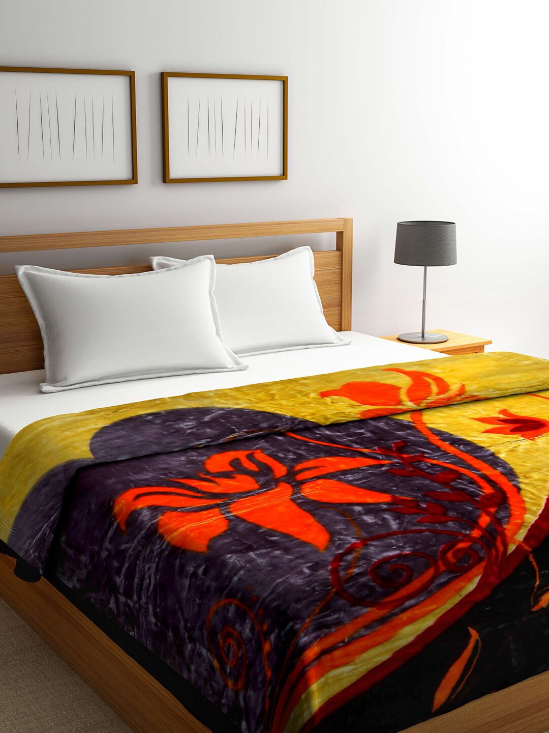 Arrabi Yellow & Grey Floral Mild Winter 950 GSM Double Bed Blanket Price in India