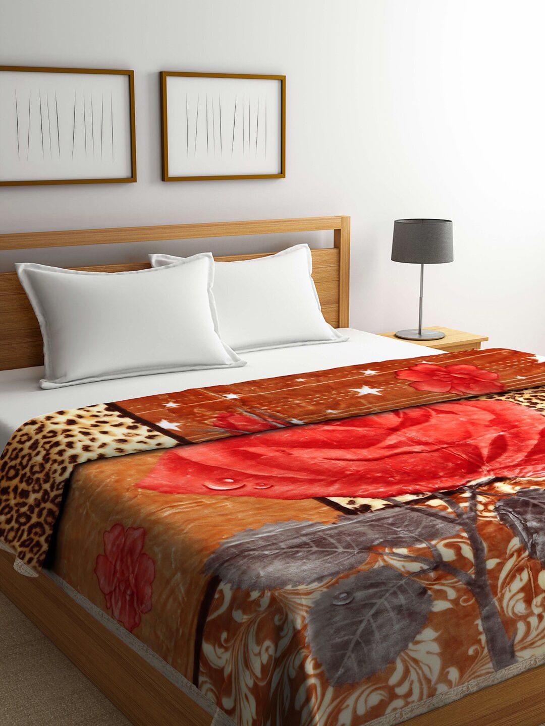 Arrabi Brown & Red Floral Mild Winter 950 GSM Double Bed Blanket Price in India