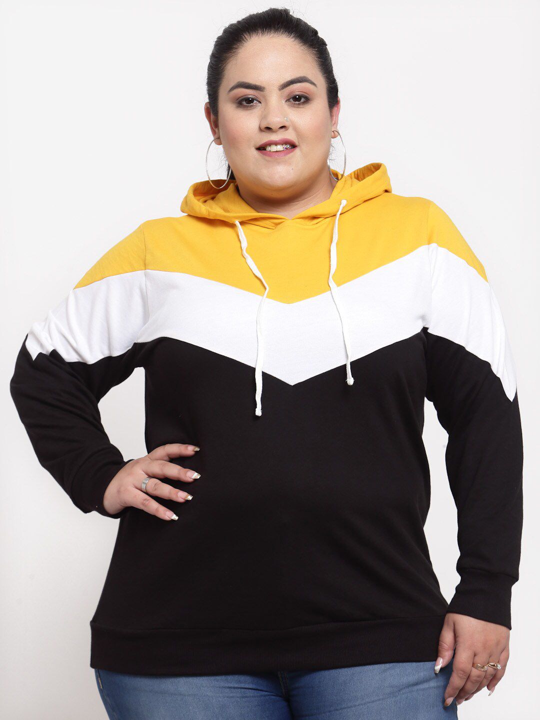 plusS Plus Size Women Black & Yellow Colourblocked Hooded Sweatshirt Price in India