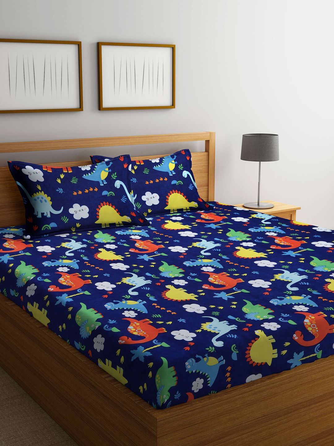 KLOTTHE KLOTTHE Navy Blue Graphic Cotton 300 TC King Fine Bedsheet with 2 Pillow Covers-98 x 89 inches