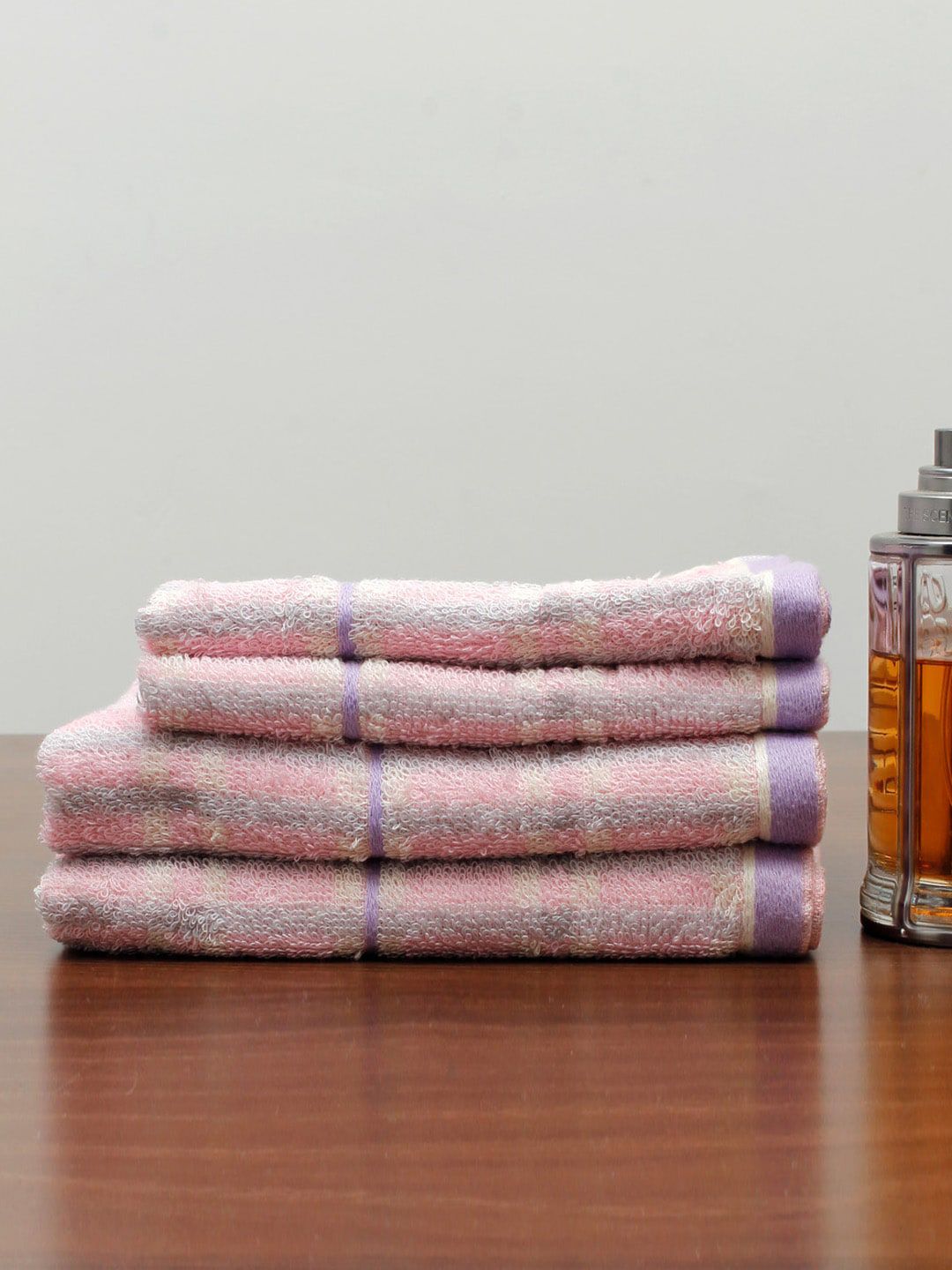 AVI Living Set Of 4 Pink & Purple Checked Pure Cotton 400 GSM Towels Price in India