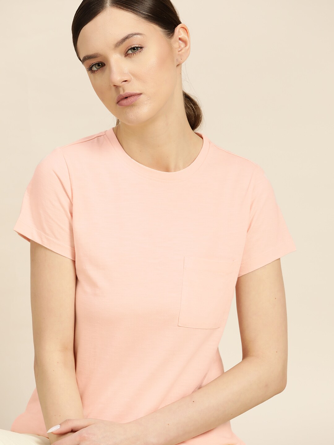 ether Women Peach-Colored Pure Cotton Slub Effect Round Neck Lounge T-shirt Price in India