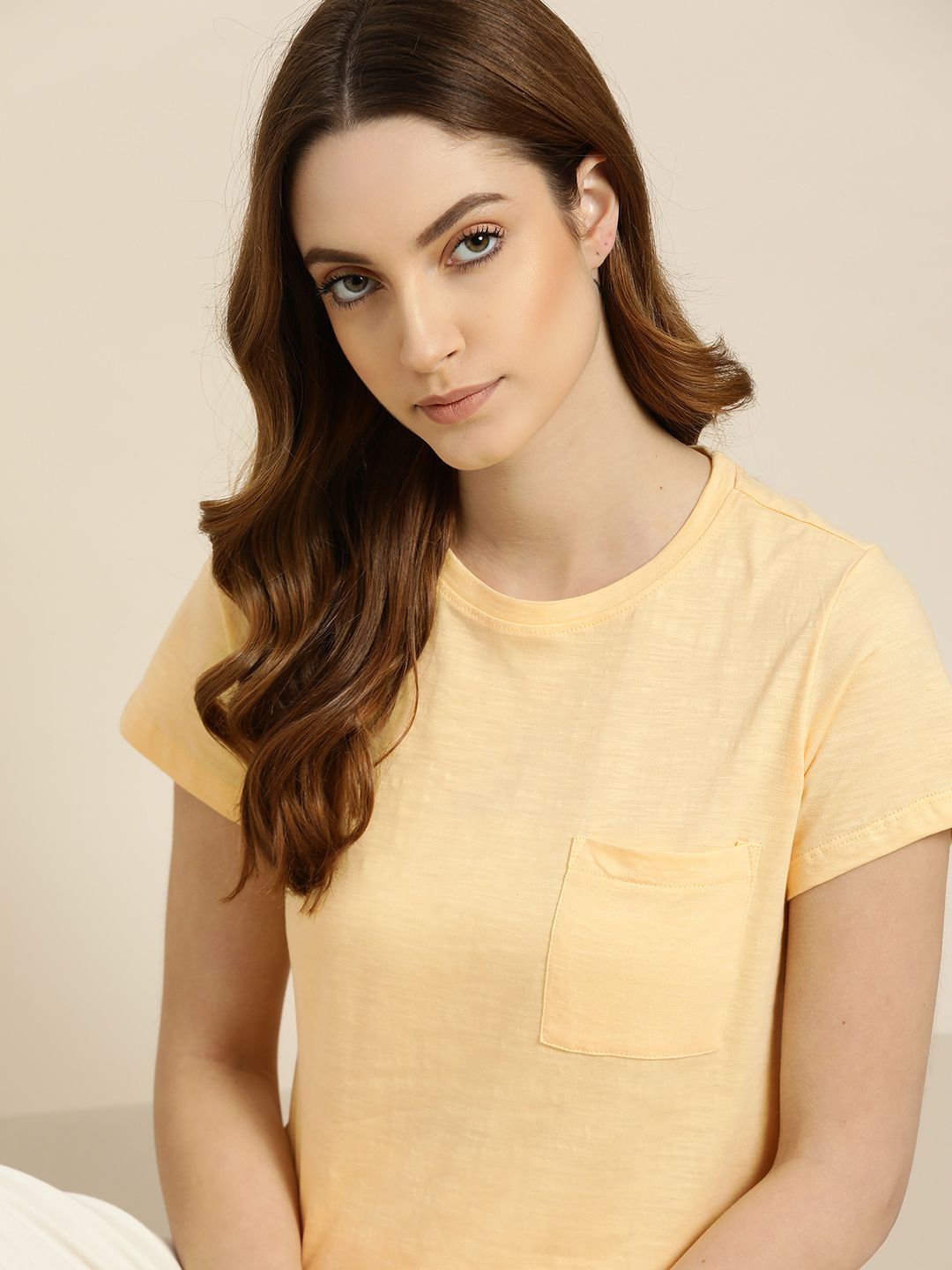 Ether Women Yellow Pure Cotton Solid Lounge T-shirt Price in India