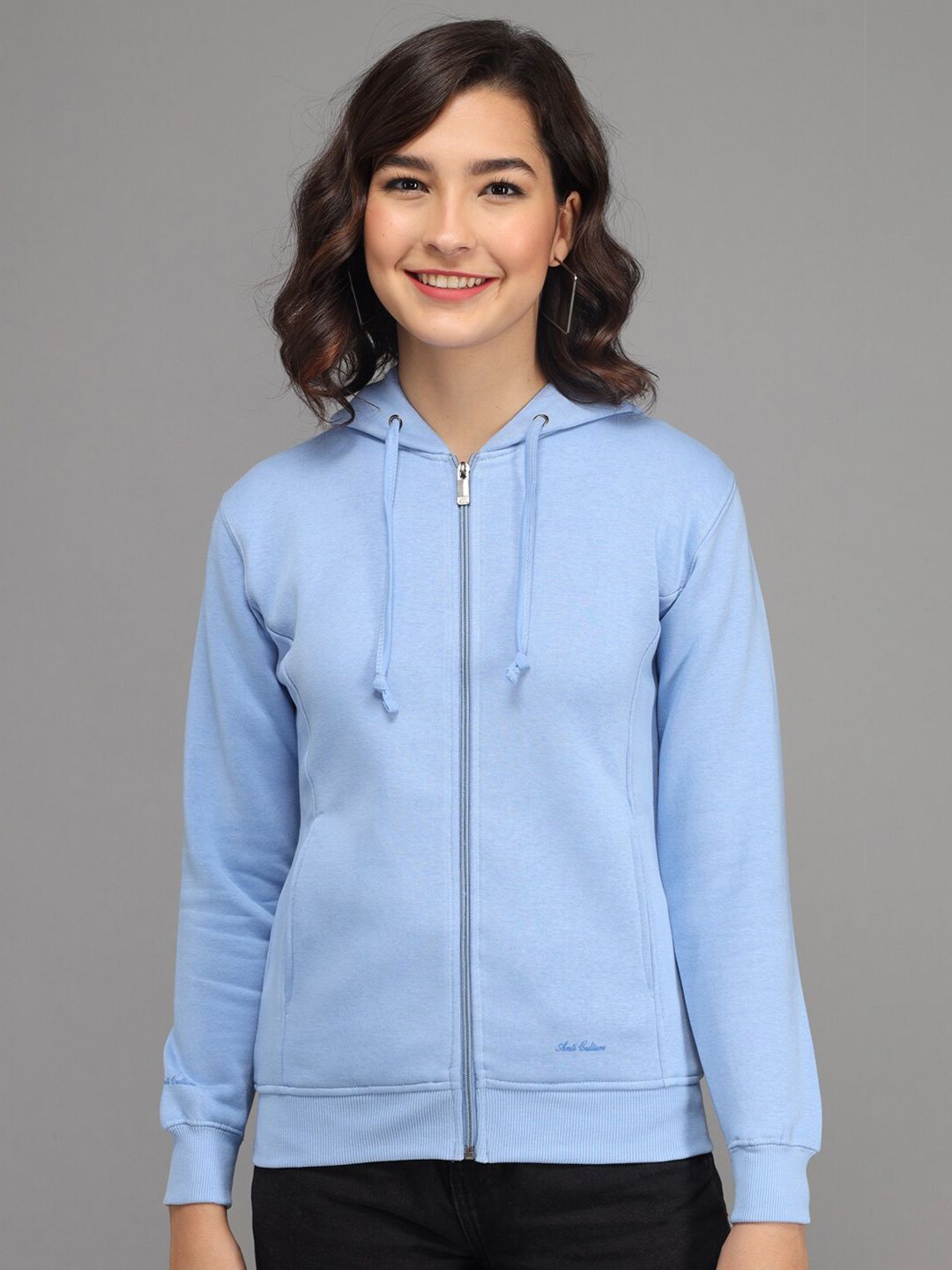 ANTI CULTURE Women Blue Hooded Sweatshirt Price in India