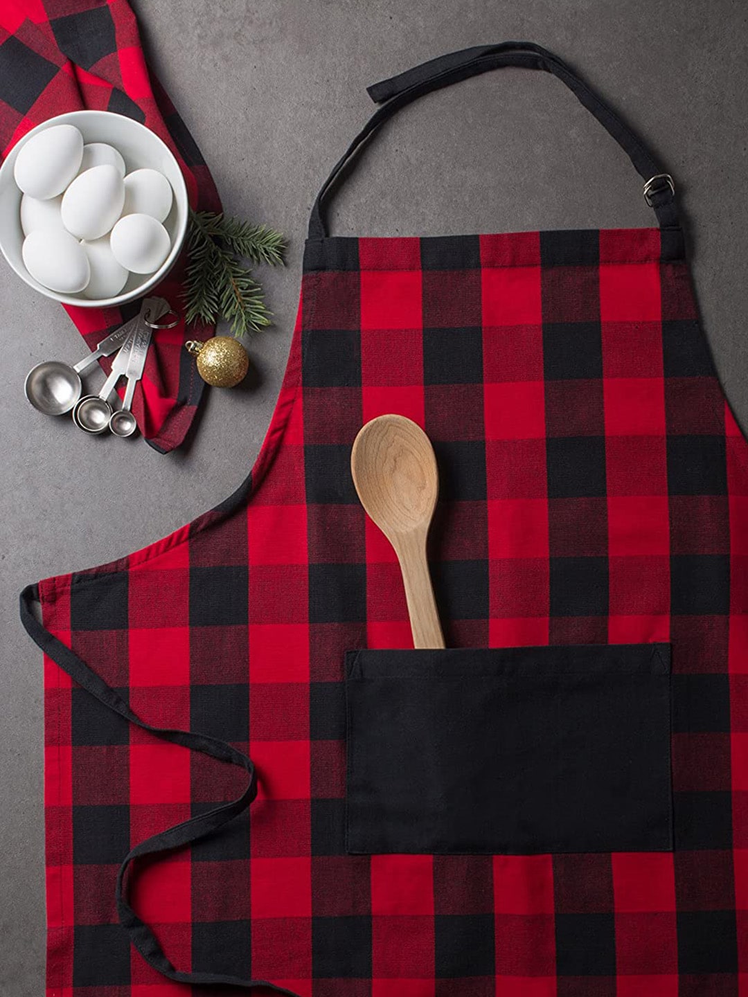 Lushomes Red & Black Checked Cotton Kitchen Apron Price in India