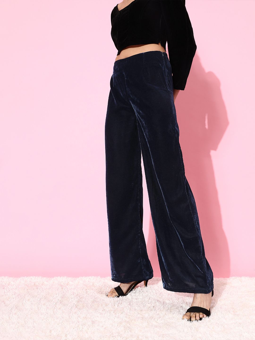 SCORPIUS Women Deep Navy Blue Solid Velvet Trousers Price in India