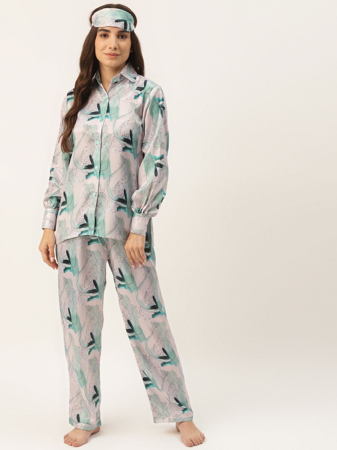 Rapra The Label Women Off White & Green Abstract Print Satin Pyjama set Price in India