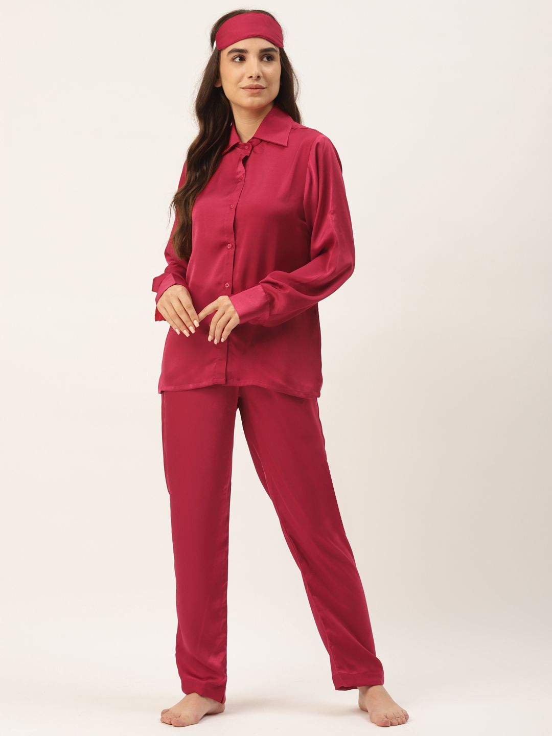 Rapra The Label Women Red Solid Satin Pyjama Set Price in India