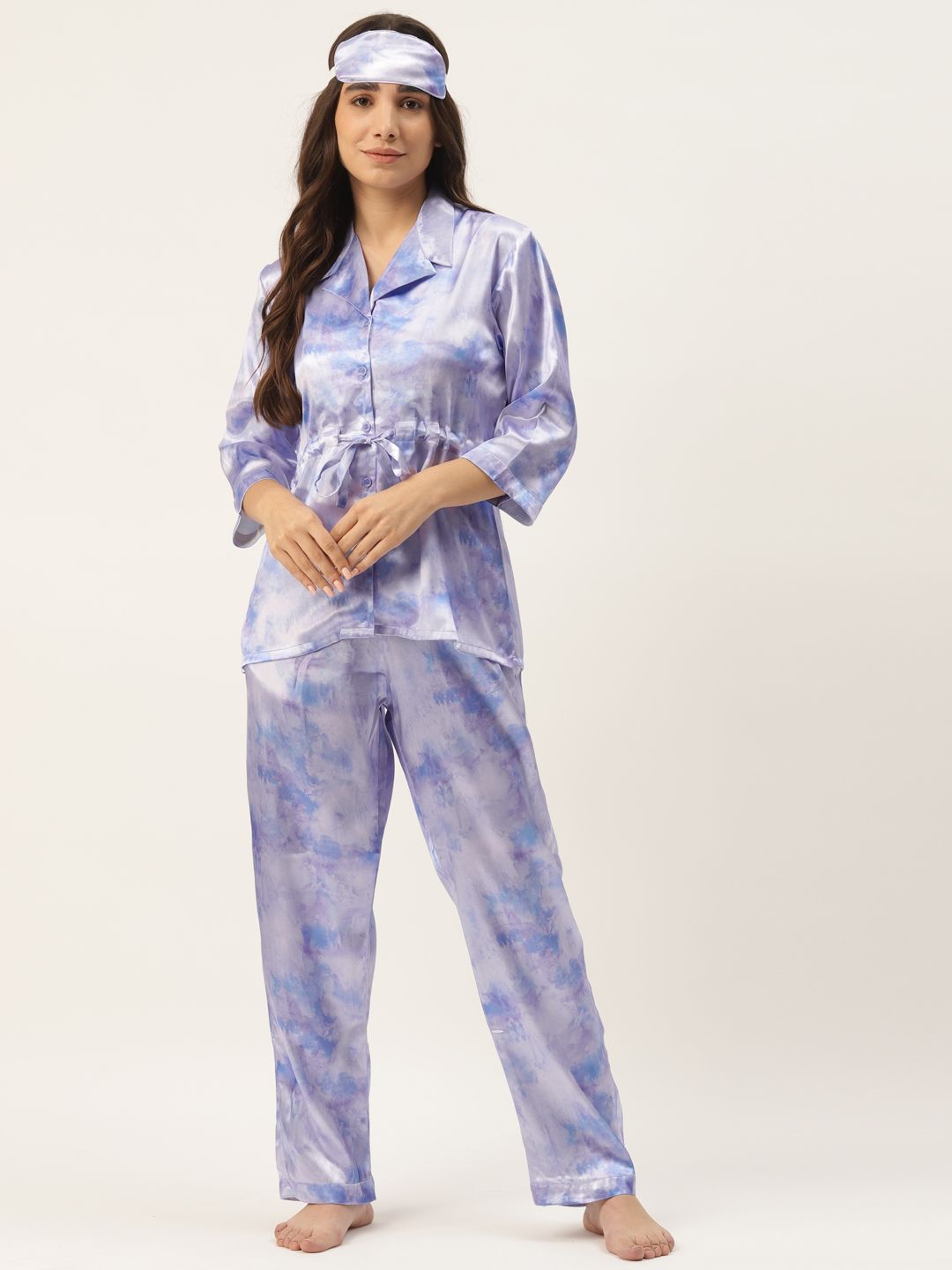 Rapra The Label Women Blue & White Abstract Print Satin Pyjama Set Price in India