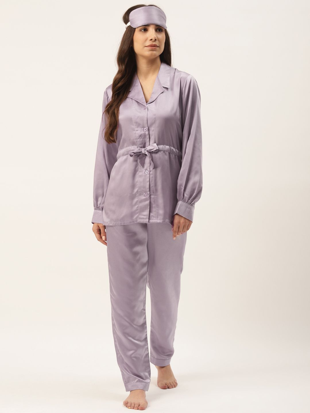 Rapra The Label Women Lavender Solid Satin Tie-Up Pyjama Set Price in India