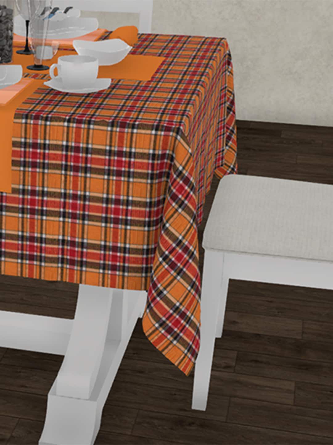 Lushomes Orange & Red Checked Pure Cotton 6-Seater Table Cloth Price in India