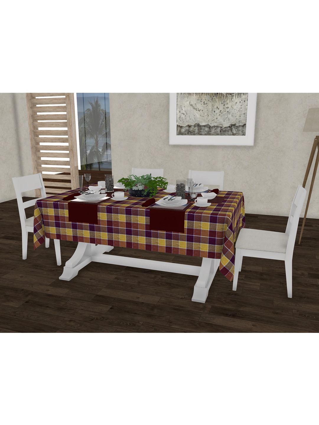 Lushomes Purple & Yellow Checked Pure Cotton 6-Seater Table Cloth Price in India