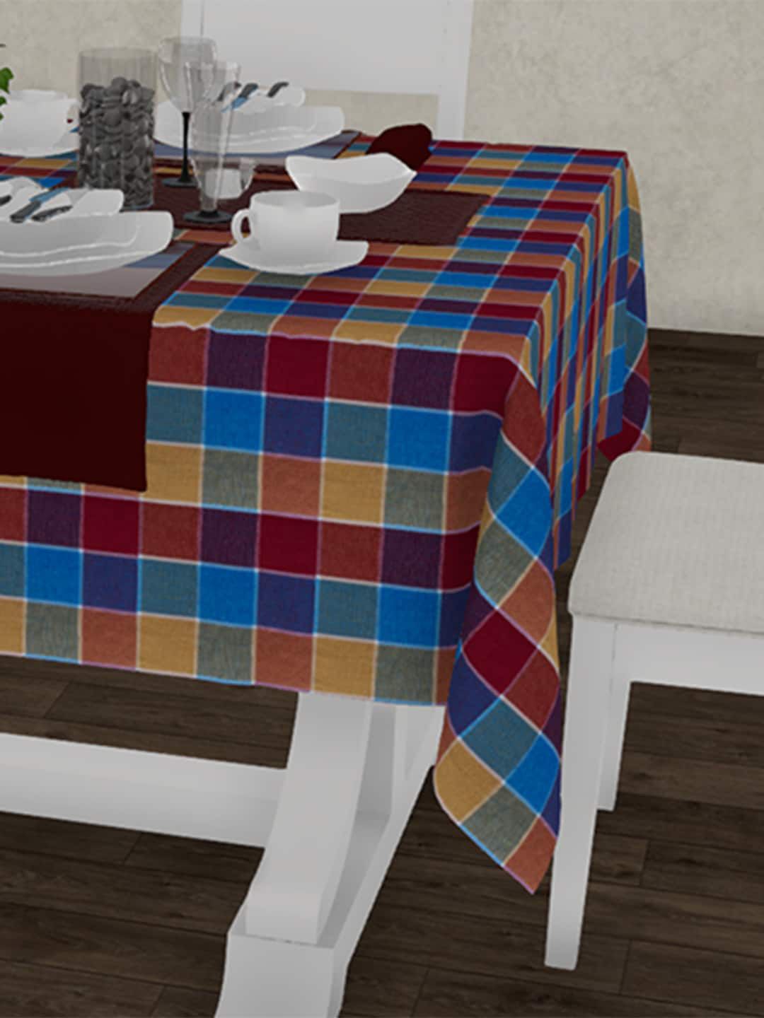 Lushomes Blue & Maroon Checked Pure Cotton 6 Seater Rectangle Table Cover Price in India