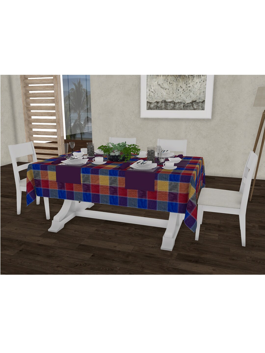 Lushomes Blue & Red Checked Pure Cotton 6-Seater Rectangular Table Cover Price in India