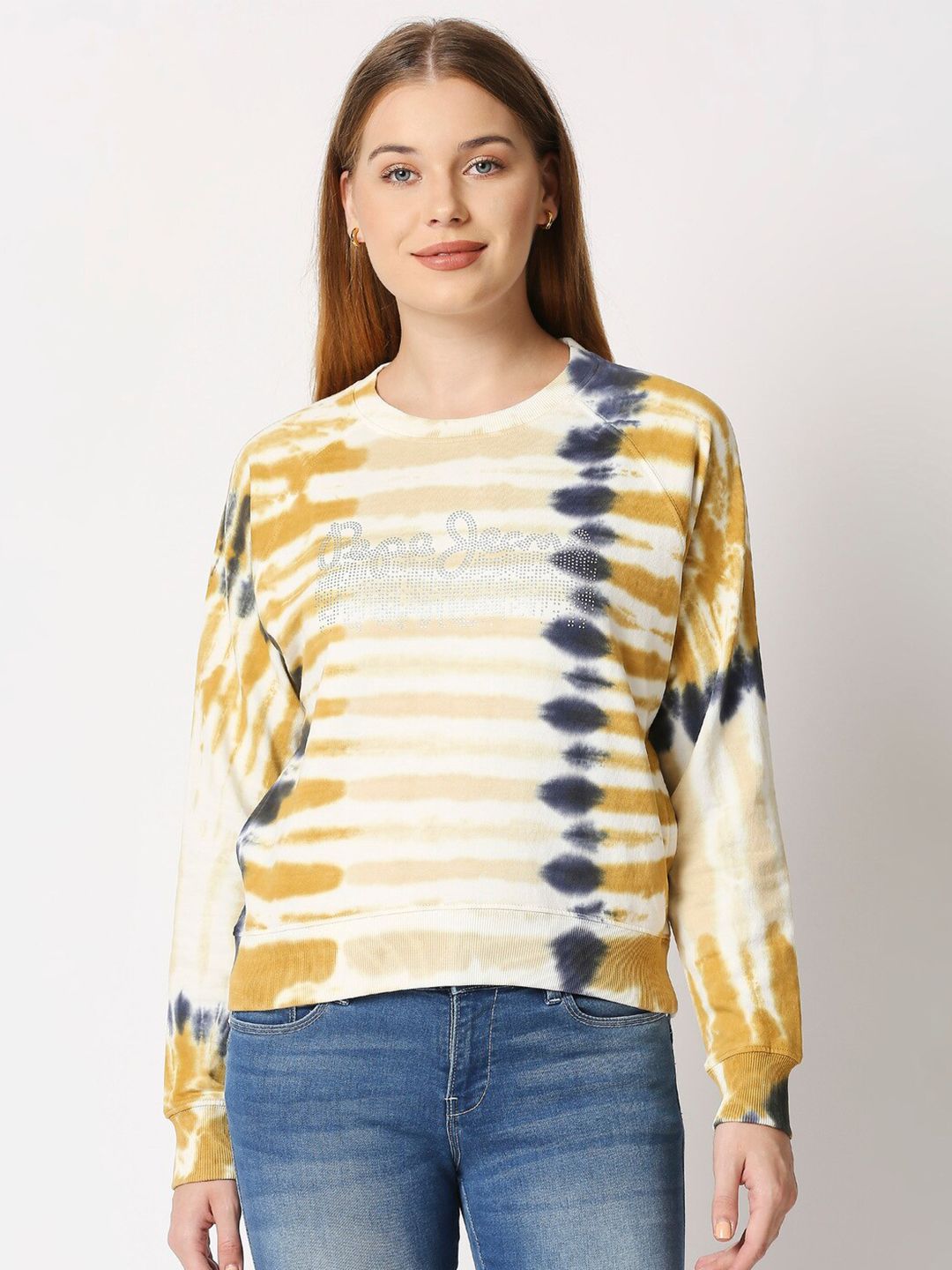 Pepe Jeans Women Mustard Yellow & Navy Blue Tie & Dye Sweatshirt Price in India