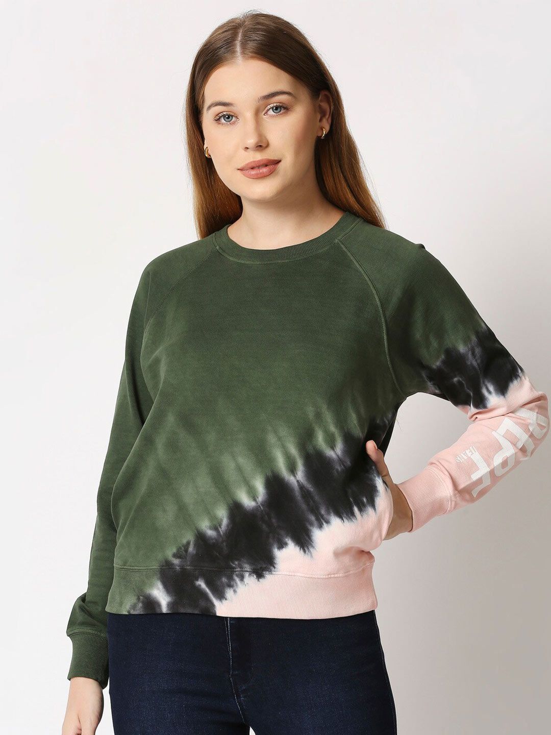 Pepe Jeans Women Green & Pink Tie & Dye Cotton Sweatshirt Price in India