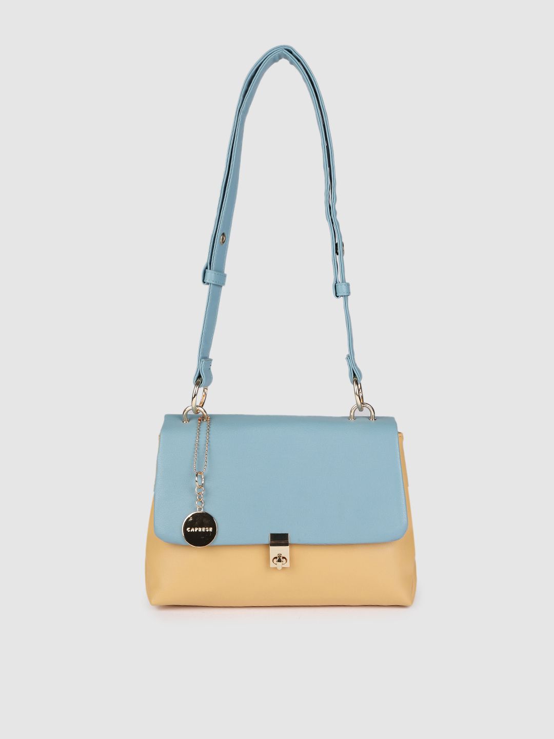 Caprese Blue & Yellow Colourblocked PU Structured Sling Bag Price in India
