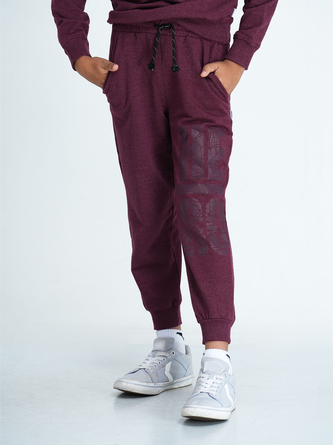 mackly Boys Maroon & Navy Blue Typography Printed Joggers