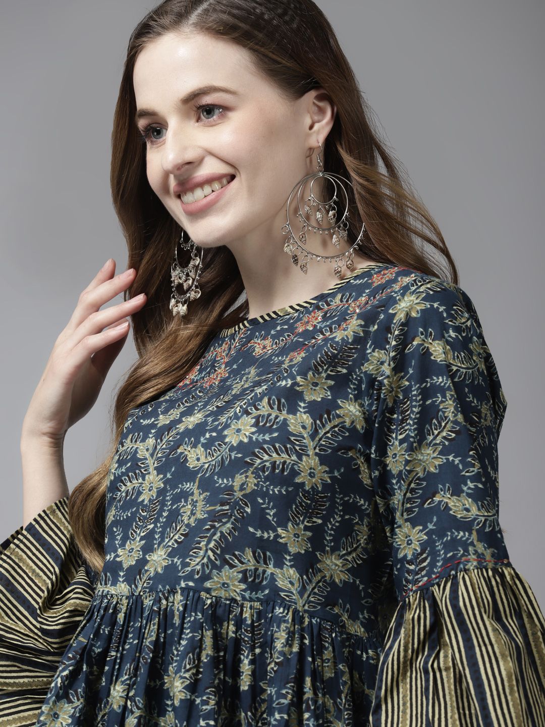 Indo Era Navy Blue Floral Printed Flared Sleeves Empire Kurti Price in India