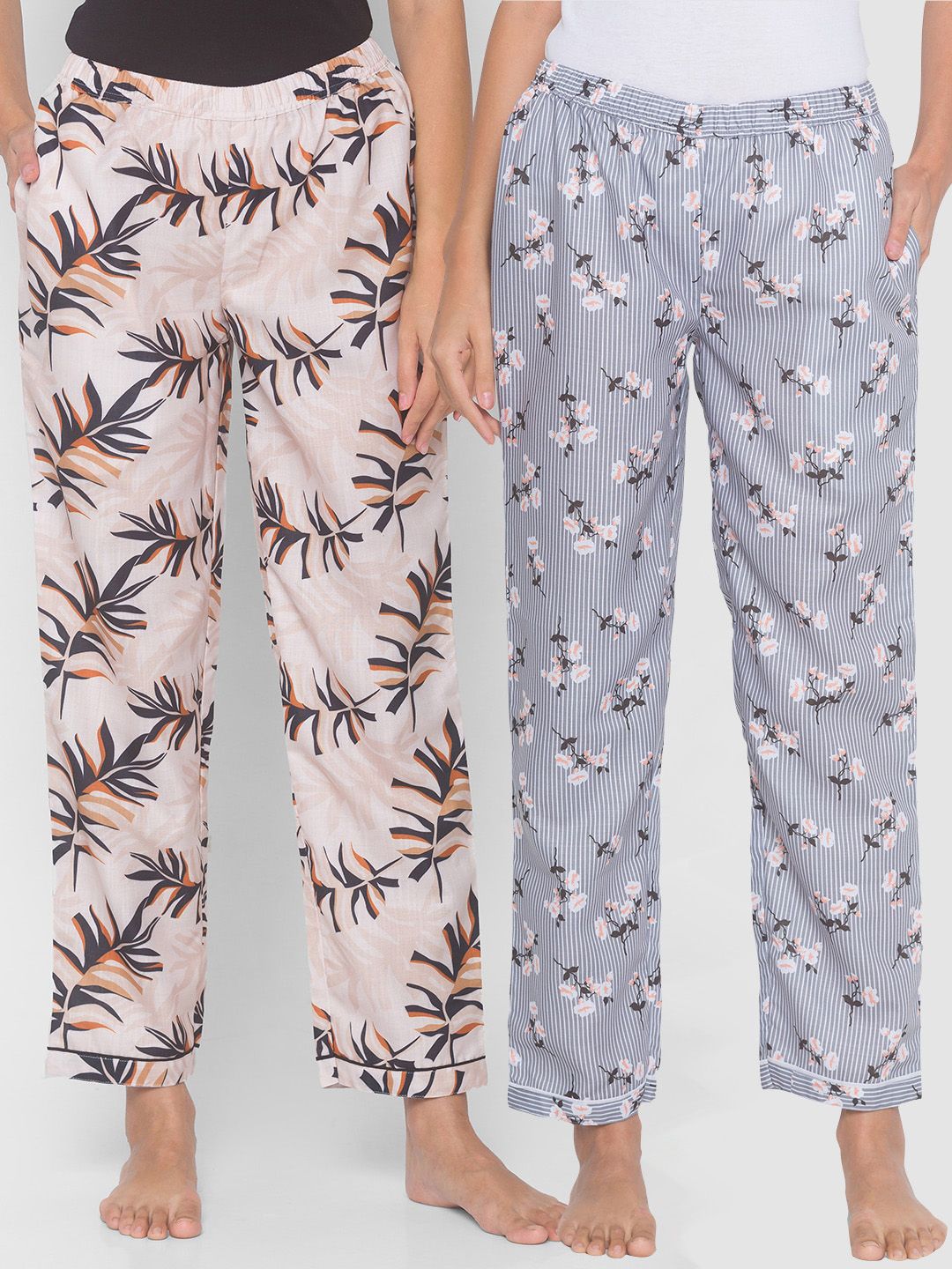 FashionRack Women Grey & Blue Pack of 2 Printed Cotton Lounge Pants Price in India