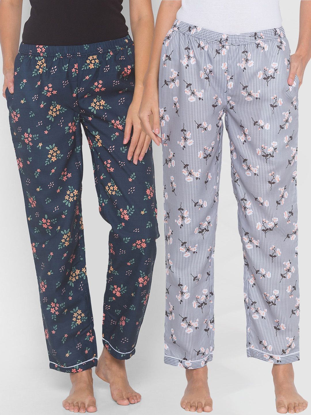 FashionRack Women Grey & Blue Pack of 2 Printed Cotton Lounge Pants Price in India