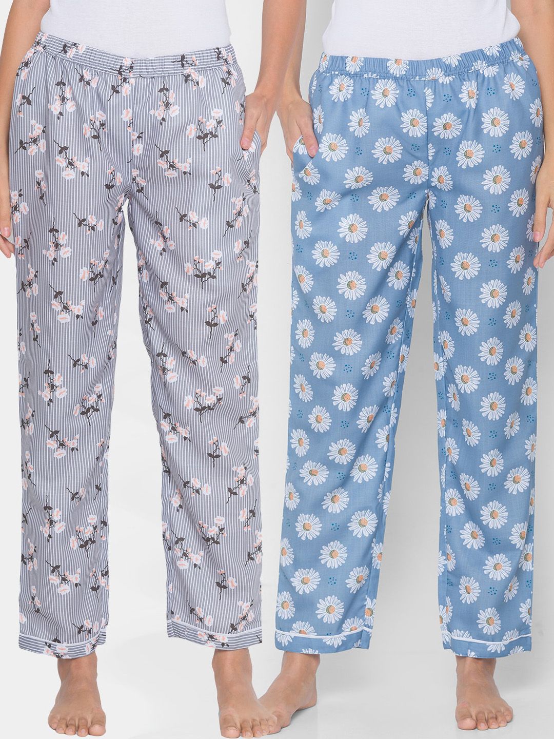 FashionRack Women Grey & Blue Pack of 2 Cotton Printed Pyjamas Price in India