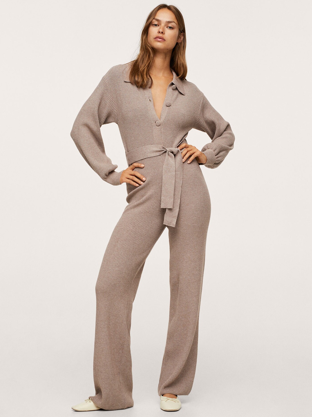 MANGO Taupe Solid Knitted Basic Jumpsuit with Belt Price in India
