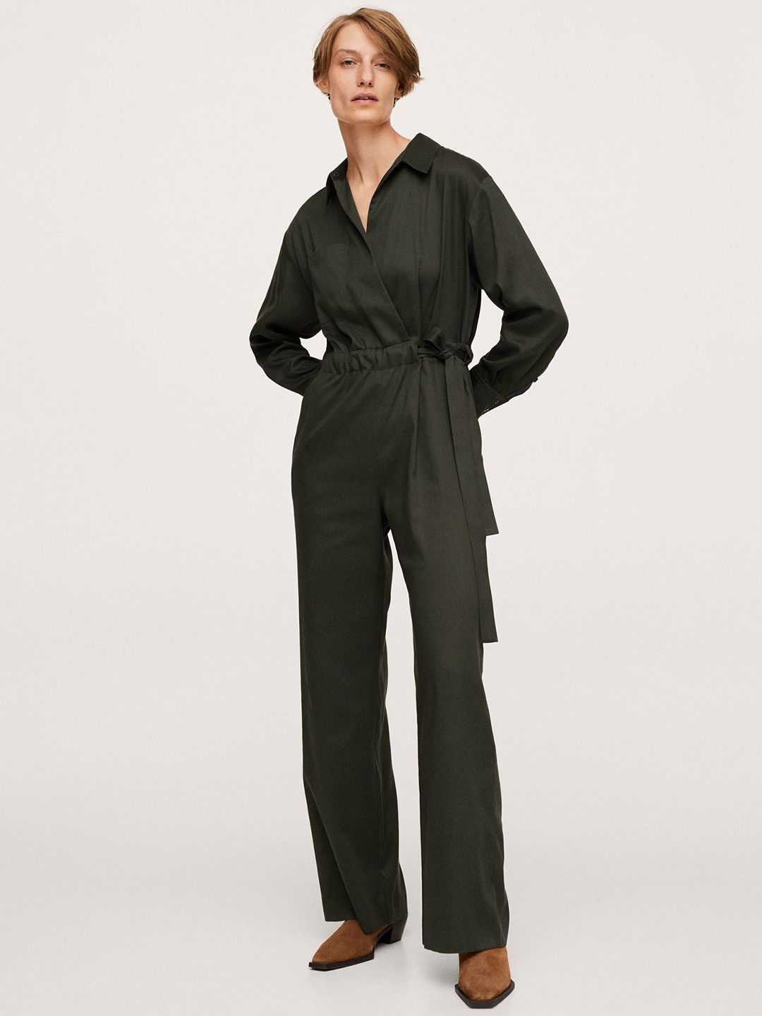 MANGO Green Solid PU Basic Jumpsuit with Waist Tie-Up Price in India