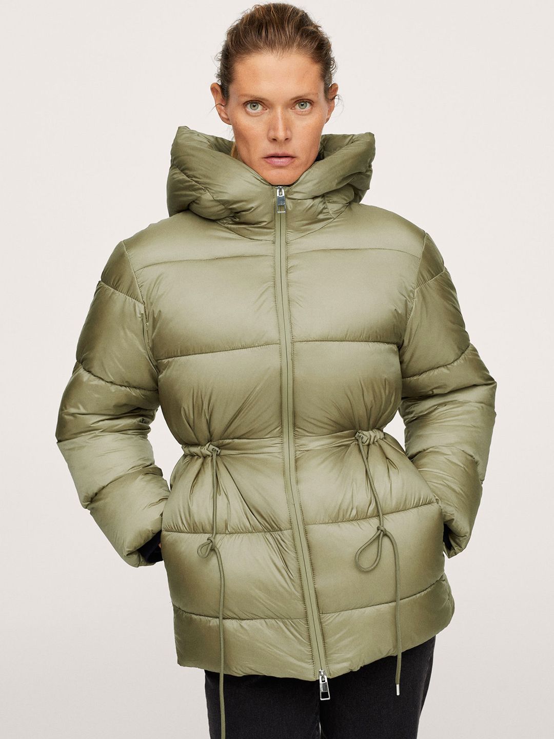 MANGO Women Olive Green Longline ANORAK NEPAL Hooded Padded Jacket Price in India