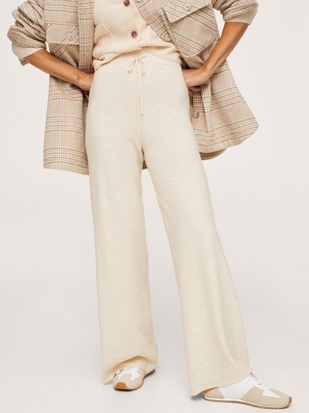 MANGO Women Cream-Coloured Solid High-Rise Knitted Trousers Price in India